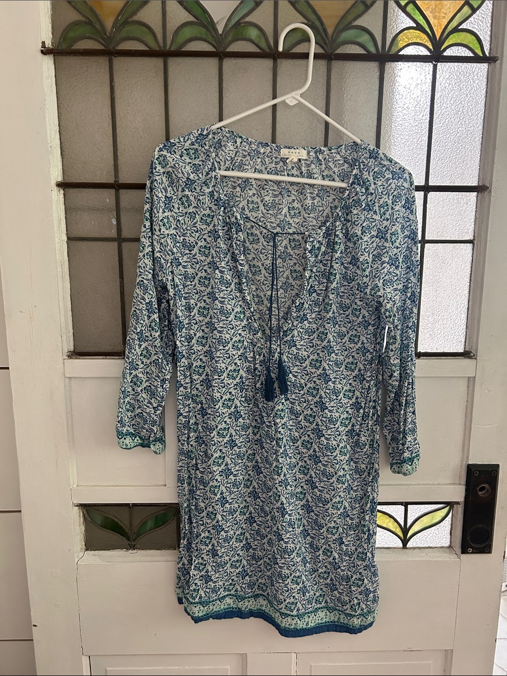 soft  Blue and White Floral Long-Sleeve Tunic Dress